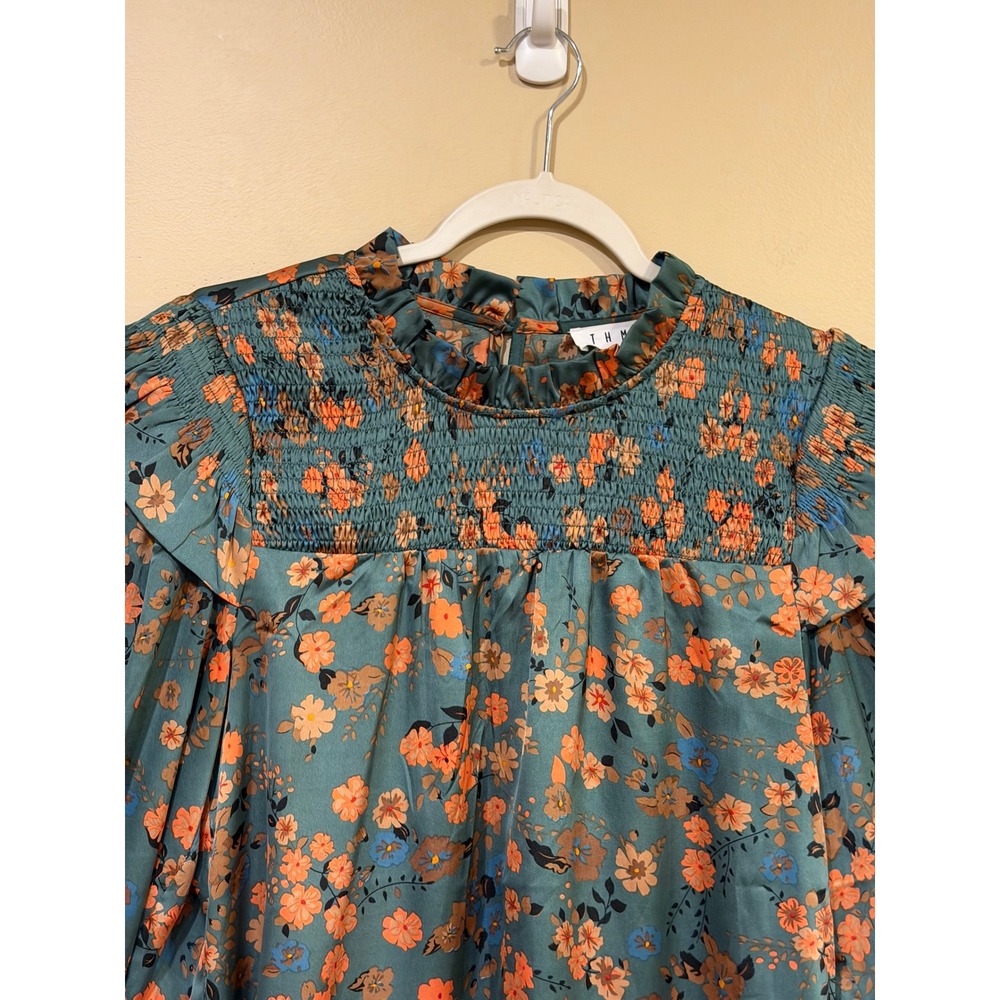 THML Floral Smocked Blouse Medium Green Orange Cottagecore Boho Romantic - Picture 3 of 5